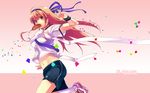  dille_blood dlsite.com double_vertical_stripe gym_uniform highres midriff mouth_hold refeia ribbon running solo wallpaper 