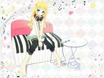  alternate_hairstyle argyle argyle_background barefoot black_legwear blonde_hair blouse blue_eyes blush capri_pants casual couch digital_media_player feet flower hair_ornament hairclip headphones headphones_around_neck heart ipod kagamine_rin leggings legs long_hair musical_note pants piano_print pigeon-toed ribbon sitting smile solo star table tsukina_(artist) vocaloid 