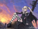  bdsm blonde_hair bridal_gauntlets chain collar demon_girl gagraphic heterochromia keg leash pointy_ears red_eyes shoes solo striped striped_legwear succubus thighhighs twintails wallpaper 