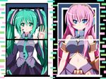  blue_eyes detached_sleeves green_eyes green_hair hatsune_miku headset highres long_hair megurine_luka midriff multiple_girls nail_polish navel necktie oborotsuki_kakeru pink_hair twintails vocaloid 