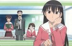  3girls artist_request azumanga_daiou black_hair brown_eyes brown_hair classroom desk glasses highres indoors kagura_(azumanga_daiou) kimura long_hair mizuhara_koyomi multiple_girls official_art sakaki school_uniform 