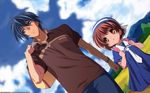  1girl backpack bag blue_eyes blue_hair brown_eyes brown_hair child clannad day dress father_and_daughter field hat highres okazaki_tomoya okazaki_ushio sailor_dress sky vector_trace wallpaper 