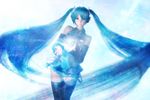  3d aqua_hair detached_sleeves glowing hatsune_miku headset hinemaru long_hair necktie skirt solo thighhighs twintails very_long_hair vocaloid wind zettai_ryouiki 