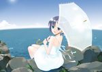  :d beach blue_eyes blue_hair day dress highres kazuto_izumi looking_back ocean open_mouth original outdoors parasol rock short_hair sitting sky smile solo sundress transparent transparent_umbrella umbrella water white_dress 