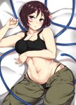  breasts brown_hair highres looking_at_viewer lying medium_breasts moisture_(chichi) on_back purple_eyes short_hair solo the_king_of_fighters whip whip_(kof) 