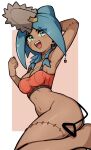  1girl arm_behind_head armpits blue_eyes blue_hair bottomless bra breasts chainsaw_man commentary cosplay cowboy_shot dark-skinned_female dark_skin earrings english_commentary hand_up highres jewelry looking_at_viewer medium_breasts medium_hair oninuer open_mouth orange_bra original parted_bangs pochita_(chainsaw_man) pochita_(chainsaw_man)_(cosplay) pull_cord shaaku_(oninuer) sharp_teeth simple_background smile solo stitched_arm stitched_face stitched_leg stitches teeth underwear 