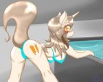  2016 anthro bent_over blush breasts butt clothed clothing cutie_mark equine eyewear female hair hi_res horn looking_at_viewer looking_back mammal milkteafox my_little_pony presenting presenting_hindquarters smile solo swimsuit unicorn 