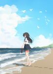  1girl absurdres barefoot beach black_hair black_sailor_collar black_shoes black_skirt blue_sky cloud commentary_request day film_grain flock footprints from_side full_body highres holding holding_shoes holding_unworn_clothes horizon kawahagi_(yjrc4288) long_hair looking_at_viewer looking_to_the_side ocean open_mouth original outdoors pleated_skirt sailor_collar sand scenery school_uniform serafuku shirt shoes short_sleeves skirt sky solo unworn_shoes waves white_shirt 