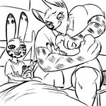  2016 anthro arctic_fox baby bed black_and_white canine carrying clothed clothing crossgender disney fox group jack_savage lagomorph mammal monochrome rabbit replytoanons skye_(zootopia) young zootopia 