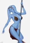 2025 absurd_res alien alien_humanoid armlet big_breasts blue_body blue_eyes blue_skin bottomwear bra breasts clothing eyebrows eyelashes female glistening glistening_breasts hi_res humanoid jewelry lekku_(anatomy) lekku_jewelry loincloth navel navel_piercing nebulaart necklace not_furry one_eye_closed piercing pole solo star_wars stripper_pole twi'lek underwear wink