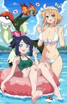  1girl 2girls :d ^_^ absurdres animal_nose armpit_crease ball bare_shoulders barefoot beachball bikini black_hair blue_eyes blue_hair blue_sky blush body_fur bow bow_bikini breasts chi-yu_(pokemon) claws cleavage cliff closed_eyes cloud cloudy_sky collarbone colored_inner_hair crossover day eggman_(ni_tamagoex) excited fish forest front-tie_bikini_top front-tie_top goldfish green_eyes green_fur green_hair_ornament green_tankini groin hair_between_eyes hair_bow hair_ornament hairclip hanabi_(senran_kagura) headband heart highres horizon innertube large_breasts liko_(pokemon) looking_at_viewer meowscarada multicolored_hair multiple_girls nature navel ocean on_innertube open_mouth orange_hair outdoors pawpads pink_bow pink_eyes poke_ball poke_ball_(basic) pokemon pokemon_(anime) pokemon_(creature) pokemon_horizons pokemon_sv senran_kagura senran_kagura_estival_versus shiny_skin short_hair short_tail sidelocks sitting sky small_breasts smile speech_bubble spoken_heart standing swim_ring swimsuit tail tankini thigh_gap two-tone_fur two-tone_innertube w water wet white_bikini white_bow white_headband 