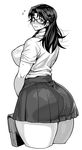  ass bag blush bookbag breasts cropped_legs curvy flying_sweatdrops from_behind glasses greyscale highres large_breasts long_hair looking_at_viewer looking_back monochrome pleated_skirt school_uniform simple_background skirt smile solo synecdoche thick_thighs thighs white_background 
