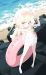  1girl :3 absurdres bare_arms bare_legs bare_shoulders beret bikini blonde_hair blue_archive blush bow breasts clenched_hand commentary contrapposto eyewear_on_head feet fluffy footwear_bow frilled_bikini frilled_one-piece_swimsuit frills full_body gradient-tinted_eyewear green_eyes hair_bow hair_intakes halo hand_up hat hat_bow heart heart-shaped_eyewear highleg highleg_one-piece_swimsuit highres honi_(honi1010) innertube leaning_back legs_apart light_blush light_smile long_hair long_sidelocks looking_at_viewer ocean one-piece_swimsuit one_side_up pink-tinted_eyewear professor_niyaniya_(blue_archive) rock sand sandals sidelocks simple_background small_breasts solo standing sunglasses swim_ring swimsuit symbol-only_commentary thighs tinted_eyewear toes very_long_hair wavy_hair wavy_sidelocks white_background white_bow white_hat white_one-piece_swimsuit white_sandals yellow-framed_eyewear yellow-tinted_eyewear yellow_halo 