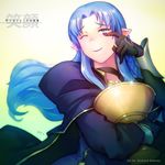  artist_name black_gloves blue_eyes blue_hair braid cape caster choker commentary fate/grand_order fate/stay_night fate_(series) gloves goblet holy_grail_(fate) jewelry light_smile lipstick long_hair makeup one_eye_closed pointy_ears purple_lipstick richard_suwono ring side_braid solo tears wiping_tears 