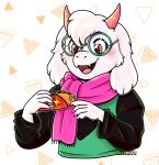 anthro boss_monster_(undertale) bovid caprine clothing darkner deltarune digital_drawing_(artwork) digital_media_(artwork) eyewear food glasses goat looking_at_food looking_at_object male mammal open_mouth pattern_background pink_scarf ralsei scarf signature simple_background skoryx solo sweater taco topwear undertale_(series)
