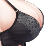  1girl black_bra bra breasts cleavage close-up commentary film_grain floral_print floral_print_bra from_side large_breasts lingerie original print_bra simple_background solo tft_(tft7822) underwear white_background 