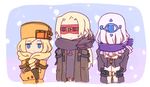  2boys arms_behind_back blonde_hair blue_eyes covered_eyes covered_face crossed_arms dark_skin dark_skinned_male eddie_(guilty_gear) fur_trim guilty_gear hair_over_eyes hat jacket millia_rage multiple_boys open_clothes open_jacket paseri_(e_gun_gun) scarf silver_hair snow upper_body venom_(guilty_gear) zato-1 