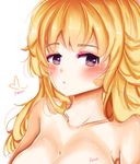  :t artist_name blonde_hair blush breasts character_name cleavage collarbone eyebrows eyebrows_visible_through_hair heart long_hair medium_breasts pale_skin pout pouty_lips purple_eyes rono rwby signature solo spoken_heart white_background yang_xiao_long 