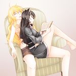  ahoge black_hair blake_belladonna blonde_hair book inu0831 long_hair multiple_girls open_mouth reading rwby saliva shorts sitting sitting_on_lap sitting_on_person sleeping thighs white_background yang_xiao_long 