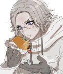  1boy aotsuki_eito bacon black_gloves burger eating food food_on_face glasses gloves grey_hair holding holding_burger holding_food jacket looking_at_food male_focus nri_(nrrr_anri) purple_eyes short_hair simple_background solo sweatdrop the_hundred_line_-last_defense_academy- upper_body white_background white_jacket 