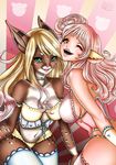  abstract_background anglish anglish_(character) animal_humanoid blonde_hair breasts brown_eyes brown_fur clothing duo female fur fur_female green_eyes hair humanoid kangaroo lingerie mammal marsupial meeka_rose pink_hair riley_roo veluptuous white_fur 