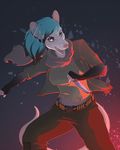  5_fingers anthro blue_hair clothed clothing female fur grey_fur hair holding_object holding_weapon implied_fire knife mammal marsupial open_mouth opossum simple_background solo teeth weapon wyla 