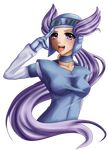  1girl background breasts chaoticblossoms gloves gym_leader helmet long_hair nagi_(pokemon) open_mouth pokemon pokemon_(game) pokemon_rse ponytail purple_eyes purple_hair transparent 