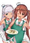  2girls absurdres apron blunt_bangs brown_eyes brown_hair clothes_writing cowboy_shot dark-skinned_female dark_skin dress food green_apron green_eyes grey_hair hat highres himura_moritaka kantai_collection libeccio_(kancolle) long_hair maestrale_(kancolle) mini_hat multiple_girls neckerchief one_eye_closed one_side_up pasta sailor_collar sailor_dress simple_background striped_neckerchief tilted_headwear twintails white_background white_sailor_collar 