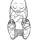  2016 anthro black_and_white clothed clothing crossed_arms dirty_feet disney eyes_closed female foot_fetish judy_hopps lagomorph mammal monochrome paws rabbit replytoanons simple_background sitting smile solo white_background zootopia 