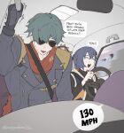  1boy 1girl belle_(zenless_zone_zero) black_shirt blue_hair blue_jacket blush car car_interior closed_eyes commentary driving english_commentary english_text green_hair hair_between_eyes hair_over_one_eye highres jacket lamp leather leather_jacket lighter_(zenless_zone_zero) meous motion_blur motor_vehicle open_mouth red_scarf scarf shirt short_hair shoulder_spikes sleeveless sleeveless_jacket speech_bubble spiked_jacket spikes steering_wheel studded_gloves sunglasses sweat torn_clothes torn_scarf torn_shirt trembling twitter_username window zenless_zone_zero 