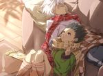  black_hair blanket brown_eyes checkered couch fringe_trim gon_freecss green_jacket head_on_another's_stomach hunter_x_hunter indoors jacket killua_zoldyck knees_up leaning_back leg_warmers long_sleeves looking_at_another lying male_focus multiple_boys on_back on_couch on_floor parted_lips pillow plaid plaid_scarf po_(poppa-pict) profile red_scarf rug running_bond scarf shade shorts sitting sleeping spiked_hair white_hair wooden_floor yellow_scarf 
