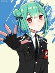 1girl absurdres alternate_costume armband black_gloves black_necktie blush breasts commentary double_bun english_commentary fingerless_gloves gloves green_hair hair_between_eyes hair_bun hair_ornament hair_ribbon highres hololive koalakanru long_hair long_sleeves looking_at_viewer nazi necktie outstretched_arm red_armband red_eyes ribbon short_hair siegrunen skull_hair_ornament ss_insignia ss_uniform swastika uruha_rushia virtual_youtuber waffen-ss 
