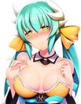  aqua_hair bangs bare_shoulders blush bow breast_suppress breasts closed_mouth collarbone detached_collar detached_sleeves fate/grand_order fate_(series) fingernails hair_bow half-closed_eyes haribote headband holding horns japanese_clothes kimono kiyohime_(fate/grand_order) kiyohime_(swimsuit_lancer)_(fate) large_breasts lifted_by_self long_hair looking_at_viewer obi pinky_out sash shade shiny shiny_skin sidelocks slit_pupils smile solo spaghetti_strap strap_lift twintails upper_body white_background yellow_bow yellow_eyes 