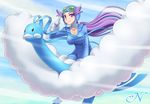  altaria breasts cleavage cleavage_cutout day flying gen_3_pokemon gloves goggles goggles_on_headwear gym_leader helmet kei_(milky_well) long_hair looking_at_viewer low_ponytail medium_breasts nagi_(pokemon) pokemon pokemon_(creature) pokemon_(game) pokemon_oras pokemon_rse purple_eyes purple_hair riding salute sky smile uniform unitard very_long_hair 