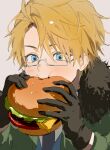  1boy 333takoyaki absurdres america_(hetalia) axis_powers_hetalia black_fur black_gloves blonde_hair blue_eyes burger chewing commentary_request eating food fur_trim glasses gloves green_jacket grey-framed_eyewear highres holding holding_burger holding_food jacket male_focus portrait rectangular_eyewear short_hair solo 