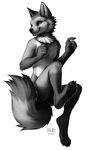  2014 anthro canine digital_media_(artwork) falvie fangs fox fur greyscale happy jumping male mammal monochrome nude pawpads paws simple_background solo white_background 
