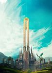  architecture castle cloud commentary day dragon emerald fantasy highres hill house jongmin landscape lens_flare no_humans original scenery sky tower town wyvern 