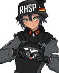  1girl artist_name black_gloves black_hair blush body_armor combat_helmet commentary english_commentary german_flag gloves hair_between_eyes hat headset heart heart_hands helmet highres koalakanru long_sleeves looking_at_viewer military_uniform nazi original reichsadler riot_police short_hair siegrunen smile solo ss_insignia ss_uniform swastika waffen-ss white_background yellow_eyes 