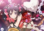  bangs black_hair blush bow bracelet demon_horns demon_tail demon_wings dress elbow_gloves feathers fishnet_legwear fishnets floral_print flower frills garter_straps gloves hair_bow hair_flower hair_ornament heart heart_pillow horns jewelry leaning looking_at_viewer love_live! love_live!_school_idol_festival love_live!_school_idol_project panda_copt pillow polka_dot polka_dot_bow red_eyes sitting smile solo tail thighhighs tiara twintails wings yazawa_nico 