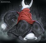 ambiguous_gender anthro arthropod big_butt biped black_body blush bodily_fluids butt clothed clothing duo facesitting female female/ambiguous half_brother_(lore) half_sister_(lore) hi_res hollow_knight_(franchise) hornet_(hollow_knight) incest_(lore) larger_female monotone_body motion_lines no_pupils red_clothing side_view sitting_on_another size_difference sweat sweaty_butt team_cherry teatotalerlewds the_knight_(hollow_knight) thick_thighs three-quarter_view white_head wide_hips