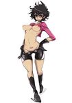  alternate_breast_size areolae bike_shorts black_eyes black_gloves black_hair boots breasts choker collar gloves gorillaz groin highres knee_boots large_areolae looking_at_viewer medium_breasts messy_hair navel nipples noodle_(gorillaz) older pants_pull pink_shirt puffy_nipples shirt shirt_lift short_hair simple_background slugbox solo standing stomach tight white_background 