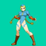  1girl aoi_ship blonde_hair blue_eyes blue_leotard boots braid braided_twintails breasts cammy_white fingerless_gloves full_body garrison_cap gloves green_background hair_pulled_back hat leg_tattoo leotard long_hair low_twintails medium_breasts muscular muscular_female necktie pixel_art red_gloves scar scar_on_cheek scar_on_face solo standing street_fighter tattoo twintails variant_set very_long_hair yellow_necktie 