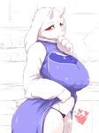  &lt;3 2016 anthro big_breasts blush boss_monster breasts caprine clothed clothing crossover dialogue diglett duo fdokkaku female fur goat hi_res huge_breasts looking_at_viewer mammal nintendo nipple_bulge pok&eacute;mon pussy_juice red_eyes robe simple_background solo_focus speech_bubble sweat toriel undertale underwear video_games voluptuous white_background white_fur wide_hips 