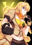  ahoge belt black_background blonde_hair breasts cleavage clenched_hands ember_celica_(rwby) gloves gradient gradient_background groin inu0831 long_hair midriff purple_eyes rwby solo yang_xiao_long 