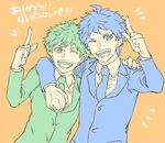  ;d ahoge arm_around_shoulder danganronpa danganronpa_3 formal highres hinata_hajime index_finger_raised male_focus multiple_boys naegi_makoto one_eye_closed open_mouth orange_background senkawa_(ar7_6) simple_background smile suit thank_you upper_body 