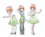  ahoge alternate_costume bare_legs bow breasts cleavage collarbone curly_hair dress eyebrows eyebrows_visible_through_hair freckles green_dress green_eyes hair_bow high_heels iesupa multiple_views neon_trim open_mouth orange_hair penny_polendina pleated_dress rwby salute short_dress small_breasts smile thighhighs 