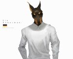  1boy commentary_request dobermann furry furry_male german_flag german_text long_sleeves looking_at_viewer male_focus nagabe original shirt simple_background solo upper_body white_background white_shirt 