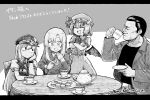  1boy 3girls artist_name ascot bat_wings center_frills chair character_request closed_mouth collared_shirt commission copyright_request cup food frilled_shirt frilled_shirt_collar frills greyscale hat highres holding holding_cup holding_food holding_saucer jacket koukou_tekken-den_tough long_hair long_sleeves macaron medium_hair miyazawa_kiryuu mob_cap monochrome multiple_girls on_chair open_clothes open_jacket open_mouth puffy_short_sleeves puffy_sleeves remilia_scarlet ribbon-trimmed_headwear ribbon_trim saucer shirt short_hair short_sleeves skeb_commission skirt smile table teacup teapot touhou very_short_hair wan_chai_tengoku wings wooden_table 