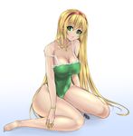  bad_feet bad_id bad_pixiv_id barefoot blonde_hair breasts cleavage frills green_eyes green_swimsuit hairband highres jewelry long_hair nail_polish necklace one-piece_swimsuit original sitting strap_slip swimsuit unko_samurai wariza 