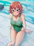  1girl absurdres arm_support black_eyes blush body_freckles breast_freckles breasts brown_hair choppy_bangs cleavage closed_mouth commentary cowboy_shot day dilan_griz english_commentary freckles green_one-piece_swimsuit highres kim_pine large_breasts looking_at_viewer one-piece_swimsuit outdoors poolside scott_pilgrim_(series) scott_pilgrim_takes_off short_hair shoulder_freckles sitting solo swimsuit thigh_freckles water 